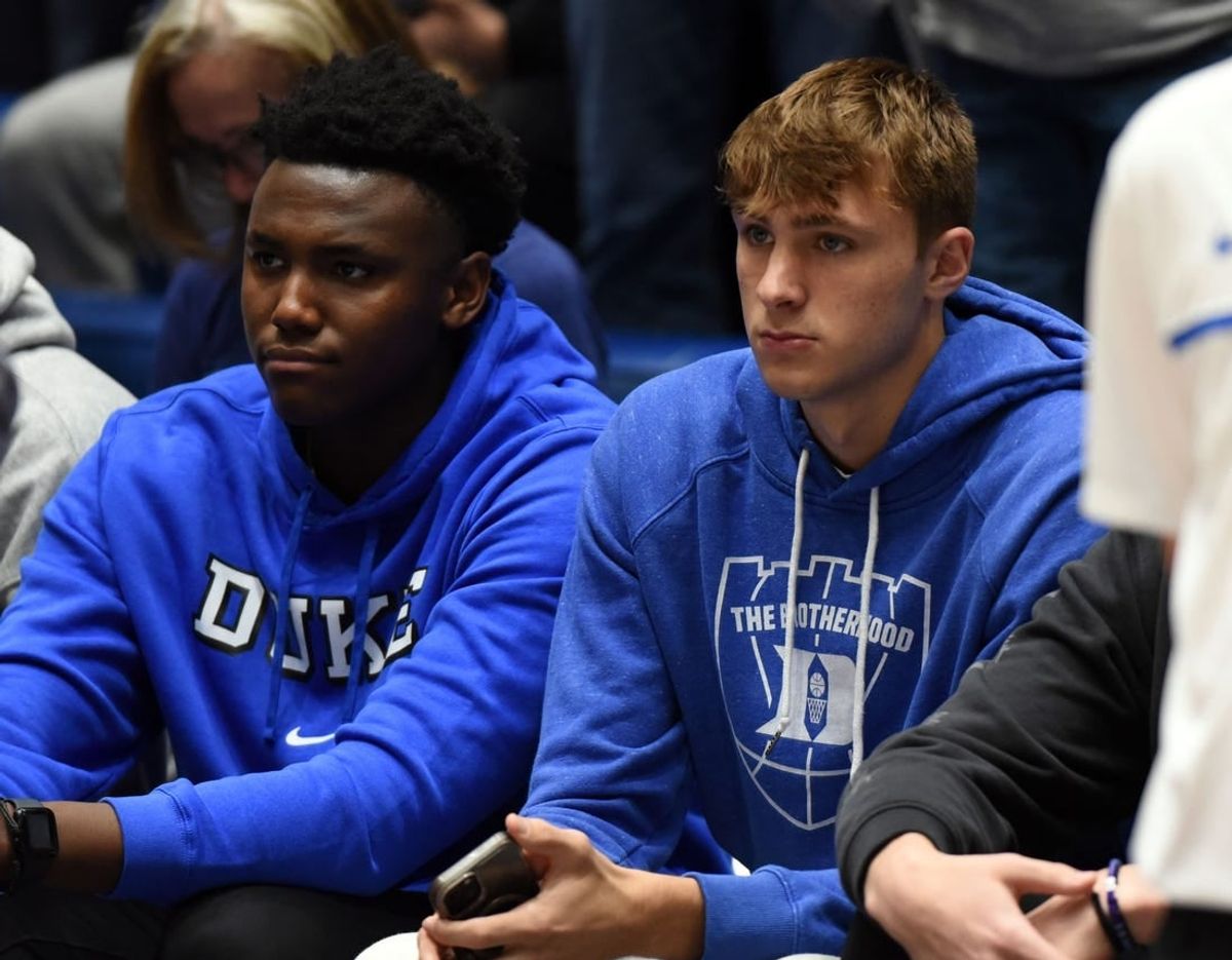 Mar 9, 2024; Durham, North Carolina, USA; Duke Blue Devils commits Patrick Ngongba (left) and Cooper Flagg look on prior to a game against the North Carolina Tar Heels at Cameron Indoor Stadium.