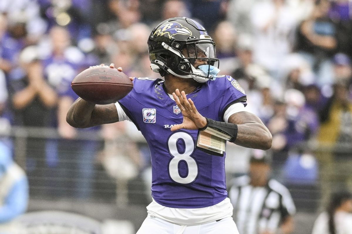 Oct 4, 2026; Baltimore, Maryland, USA;    Baltimore Ravens quarterback Lamar Jackson (8) drops back to pass during the first half against the Tennessee Titans at M&T Bank Stadium. Mandatory Credit: Tommy Gilligan-Imagn Images