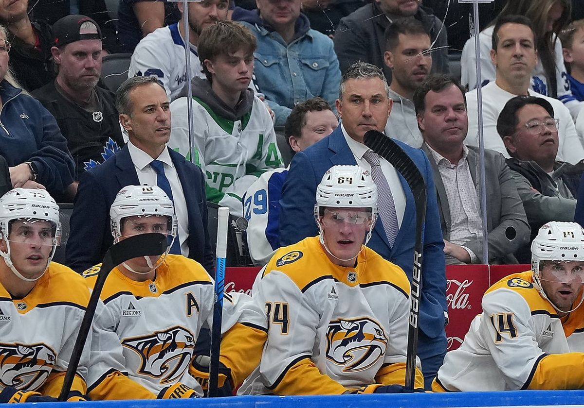 Oct 6, 2026; Toronto, Ontario, CAN;  Nashville Predators head coach Andrew Brunette watches the play against the Toronto Maple Leafs during the third period at Scotiabank Arena.  Mandatory Credit: Nick Turchiaro-Imagn Images