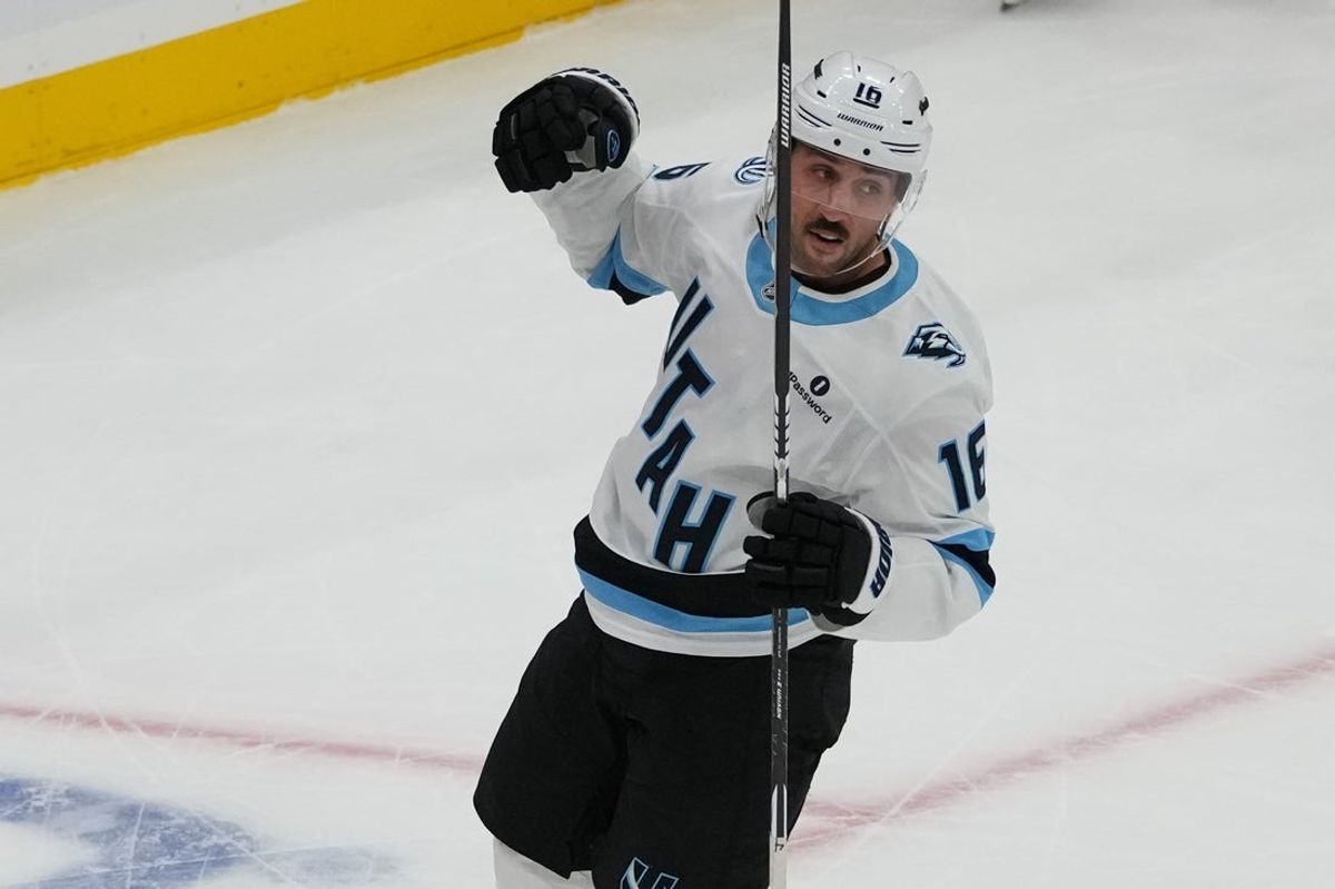Oct 6, 2026; Newark, New Jersey, USA;  Utah Mammoth center Vincent Trocheck (16) celebrates his goal against the New Jersey Devils during the third period at Prudential Center.  Mandatory Credit: Ed Mulholland-Imagn Images
