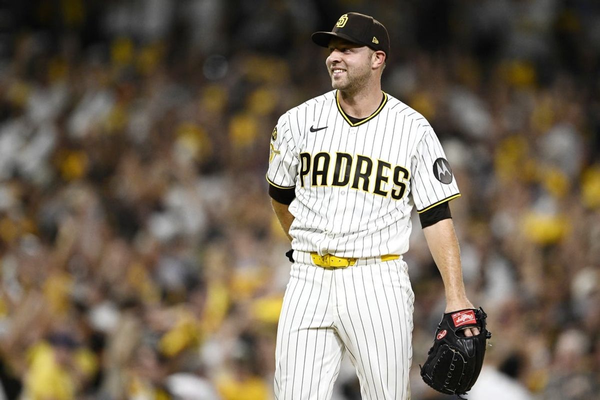 Oct 6, 2026; San Diego, California, USA;  San Diego Padres pitcher Michael King (34) celebrates after the game against the Milwaukee Brewers in game three of the NLDS for the 2026 MLB Playoffs at Petco Park.  Mandatory Credit: Denis Poroy-Imagn Images