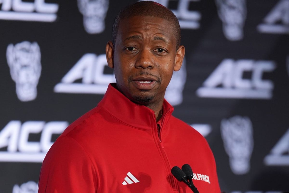 Oct 7, 2026; Charlotte, NC, USA;  NC State Wolfpack head coach Justin Gainey answers questions from the media during the ACC Tip-Off in Charlotte, NC.  Mandatory Credit: Jim Dedmon-Imagn Images