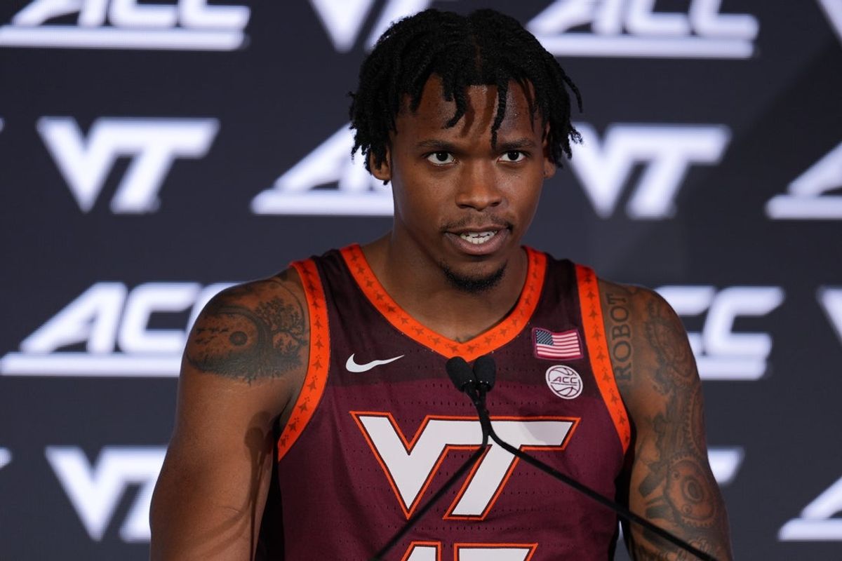 Oct 7, 2026; Charlotte, NC, USA;  Virginia Tech Hokies  Amani Hansberry answers questions from the media during the ACC Tip-Off in Charlotte, NC.  Mandatory Credit: Jim Dedmon-Imagn Images