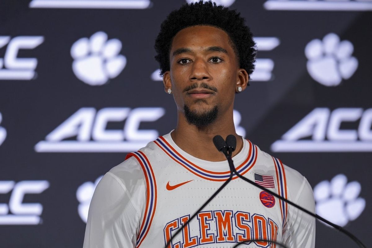 Clemson Tigers Ace Buckner answers questions from the media during the ACC Tip-Off in Charlotte, NC.
