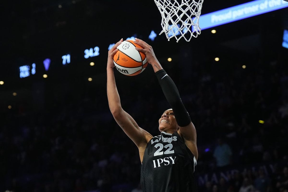 Las Vegas Aces center A'ja Wilson (22) rebounds against the Golden State Valkyries in the second half during game three of the second round for the 2026 WNBA Playoffs at Michelob Ultra Arena.