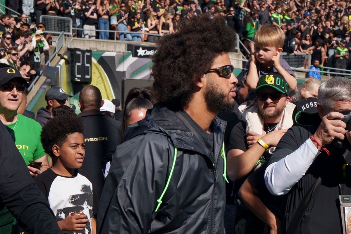 Injured Oregon quarterback Dante Moore walks onto the field as the Oregon Ducks host the UCLA Bruins on Oct. 10, 2026, at Autzen Stadium in Eugene, Oregon.