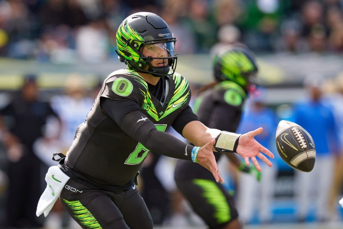 Oregon quarterback Dylan Raiola passes off the ball as the Oregon Ducks host the UCLA Bruins on Oct. 10, 2026, at Autzen Stadium in Eugene, Oregon.