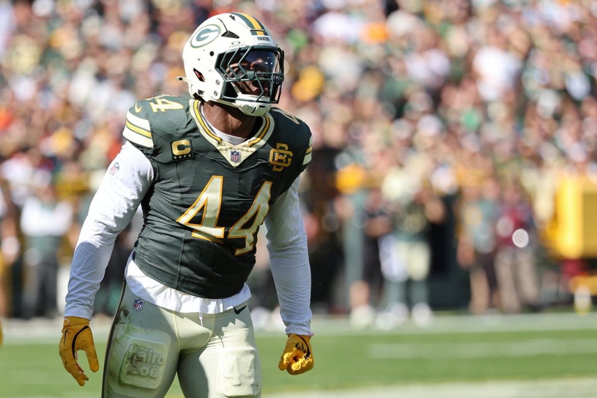 Oct 11, 2026; Green Bay, Wisconsin, USA;  Green Bay Packers linebacker Zaire Franklin (44) reacts after a play against the Chicago Bears during the second quarter at Lambeau Field.  Mandatory Credit: Mike Dinovo-Imagn Images