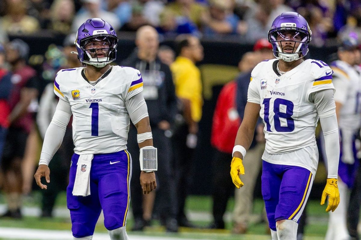 Oct 11, 2026; New Orleans, Louisiana, USA;  Minnesota Vikings quarterback Kyler Murray (1) and wide receiver Justin Jefferson (18) look on against New Orleans Saints during the second half at Caesars Superdome.  Mandatory Credit: Stephen Lew-Imagn Images