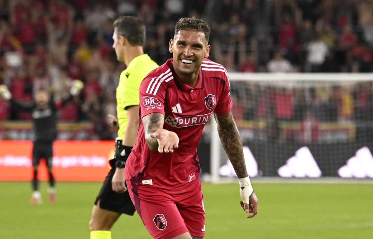 Oct 11, 2026; St. Louis, Missouri, USA;  St. Louis CITY SC forward Rafael Navarro (9) celebrates after scoring against the LA Galaxy in the second half at Energizer Park.  Mandatory Credit: Joe Puetz-Imagn Images