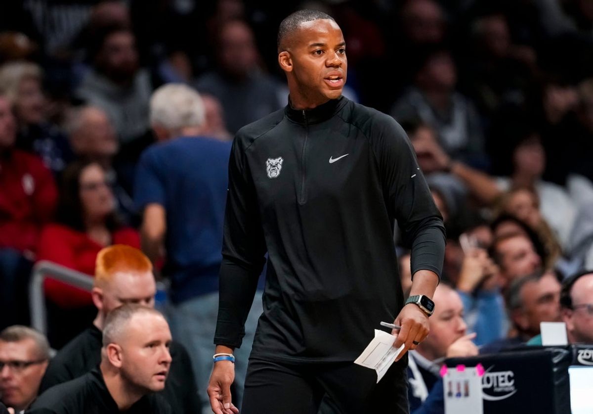 Butler Bulldogs head coach Ronald Nored walks up the sideline on Sunday, Oct. 11, 2026, during a preseason game at Hinkle Fieldhouse in Indianapolis.