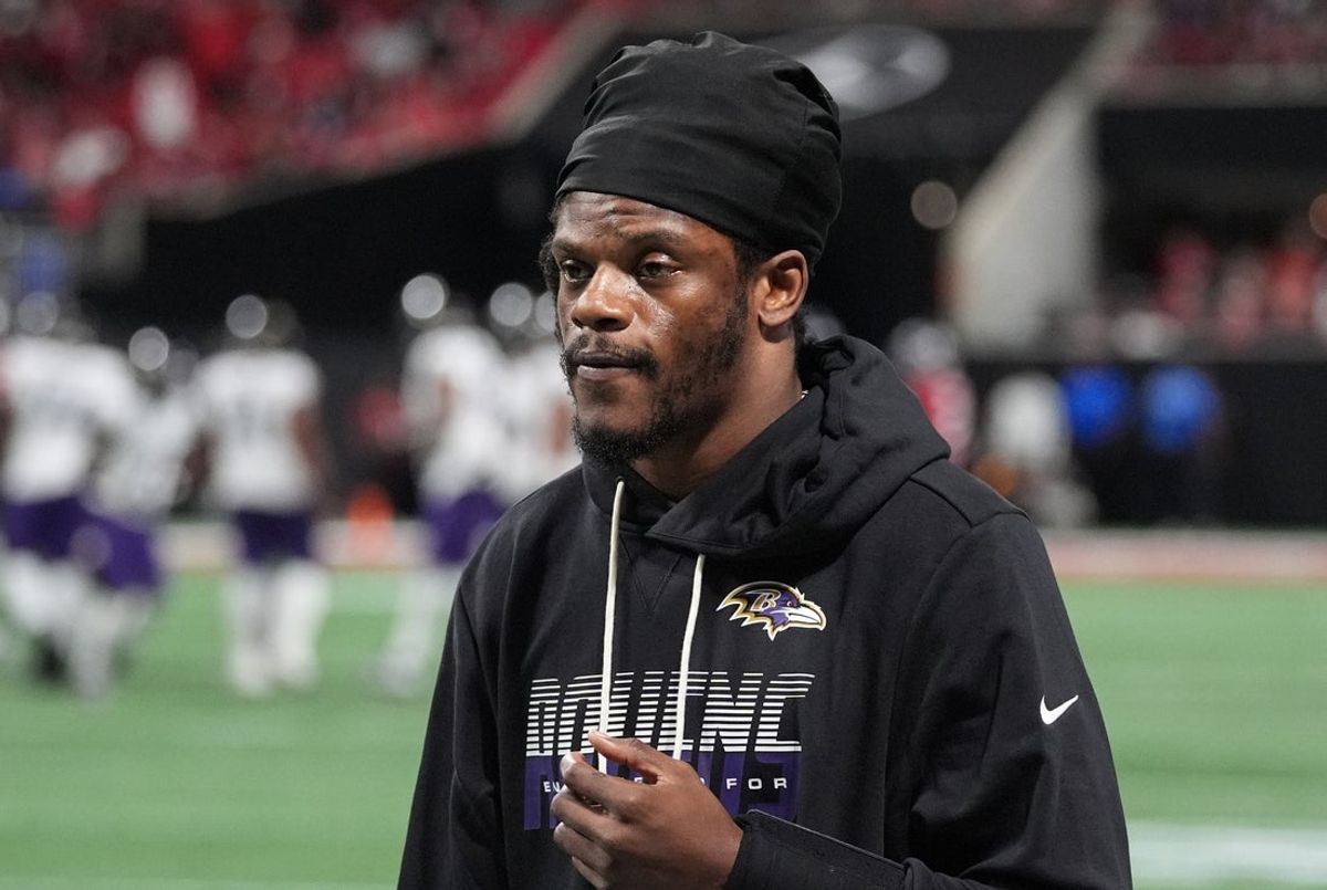 Oct 11, 2026; Atlanta, Georgia, USA;  Baltimore Ravens quarterback Lamar Jackson (8) during the second quarter against the Atlanta Falcons at Mercedes-Benz Stadium.  Mandatory Credit: Dale Zanine-Imagn Images