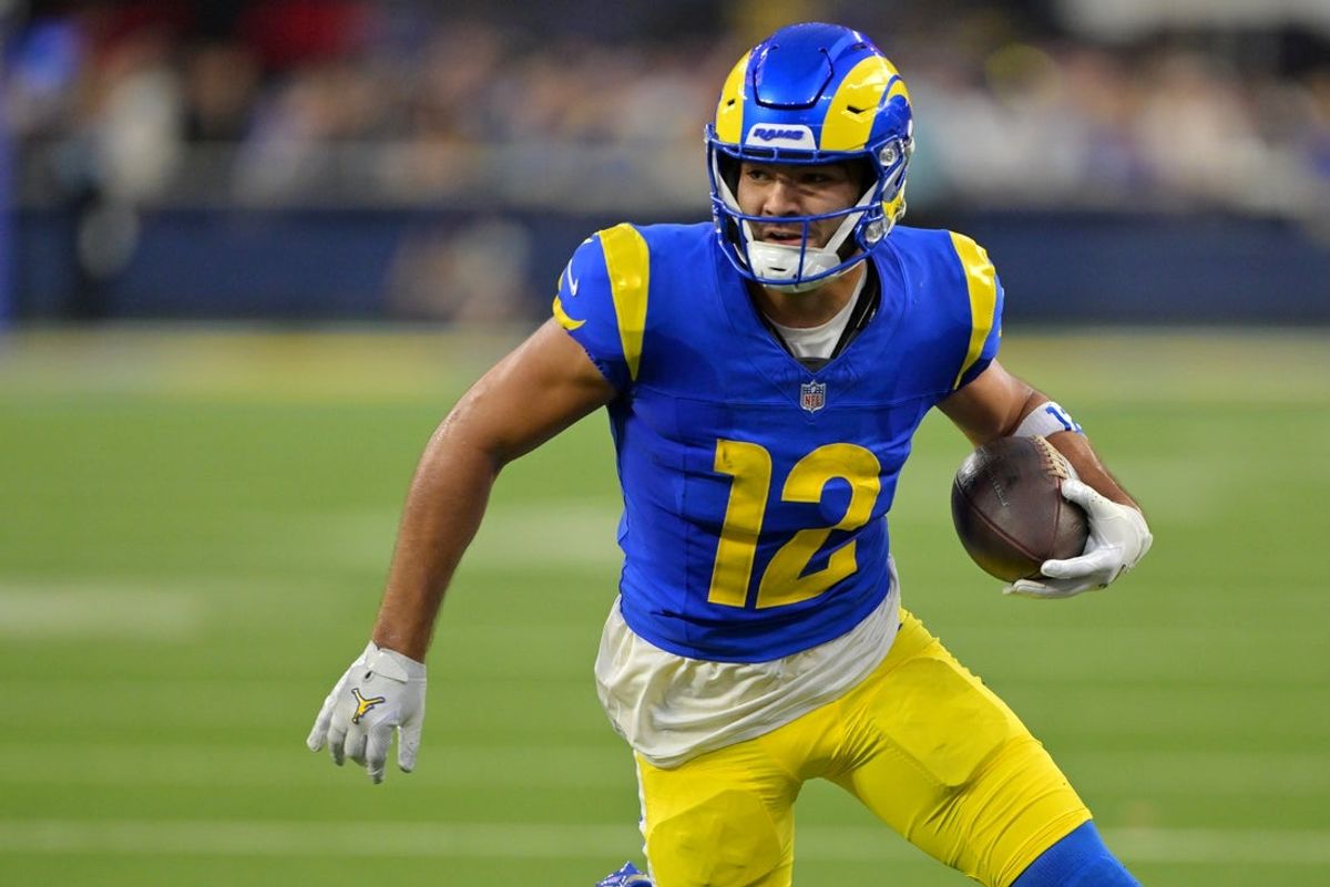 Oct 12, 2026; Inglewood, California, USA;  Los Angeles Rams wide receiver Puka Nacua (12) runs after making a catch during the second quarter against the Buffalo Bills at SoFi Stadium.  Mandatory Credit: Jayne Kamin-Oncea-Imagn Images