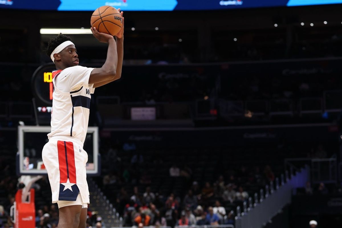 Oct 12, 2026; Washington, District of Columbia, USA; Washington Wizards forward AJ Dybantsa (4) shoots the ball against the Brooklyn Nets in the second half at Capital One Arena. Mandatory Credit: Geoff Burke-Imagn Images