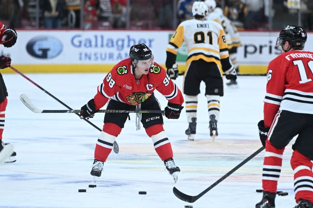 Chicago Blackhawks center Connor Bedard (98) during warmups before the game against the Pittsburgh Penguins b at United Center.