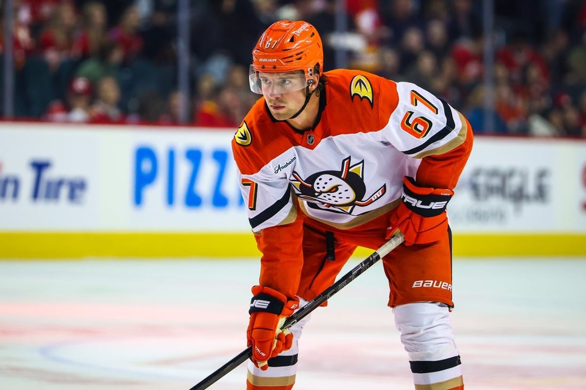 Oct 10, 2026; Calgary, Alberta, CAN; Anaheim Ducks defenseman Tristan Luneau (67) against the Calgary Flames during the first period at Scotiabank Saddledome. Mandatory Credit: Sergei Belski-Imagn Images