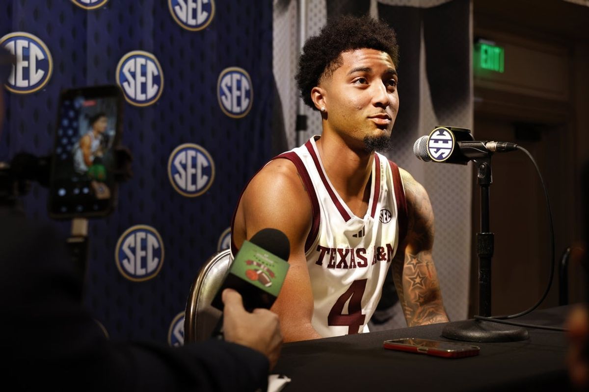 Oct 14, 2026; Birmingham, AL, USA;  Texas A&M guard PJ Haggerty speaks during the SEC Basketball Tipoff at Grand Bohemian Hotel Mountain Brook.  Mandatory Credit: Butch Dill-Imagn Images