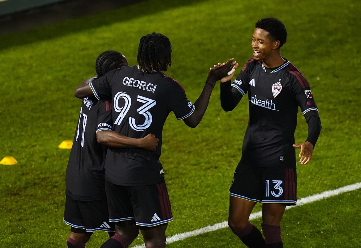 Oct 14, 2026; Commerce City, Colorado, USA;  Colorado Rapids forward Georgi Minoungou (93) celebrates his goal with midfielder Ibrahim Sadiq (11) and midfielder Wayne Frederick (13) in the second half against Minnesota United FC at Dick's Sporting Goods Park.  Mandatory Credit: Ron Chenoy-Imagn Images