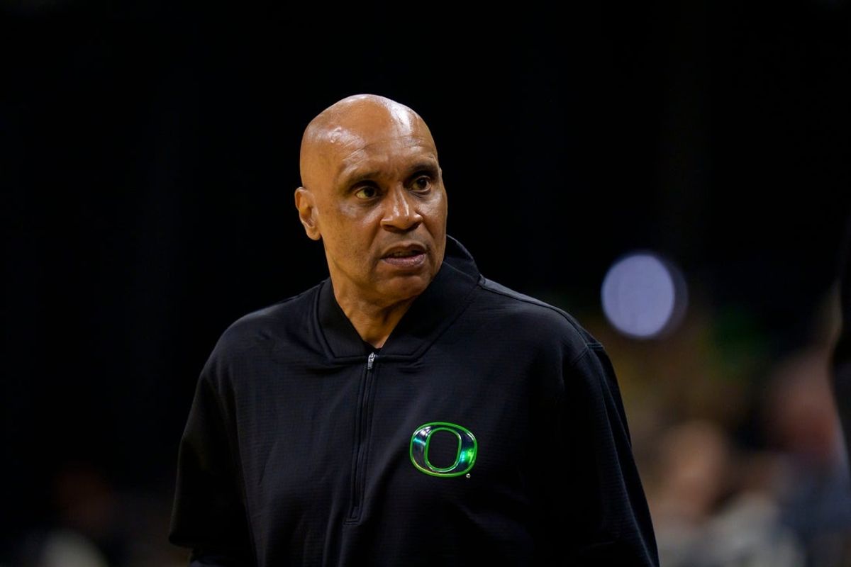 Oregon interim head coach Tony Stubblefield as the Oregon Ducks host the Seattle University Redhawks on Oct. 15, 2026, at Matthew Knight Arena in Eugene, Oregon.