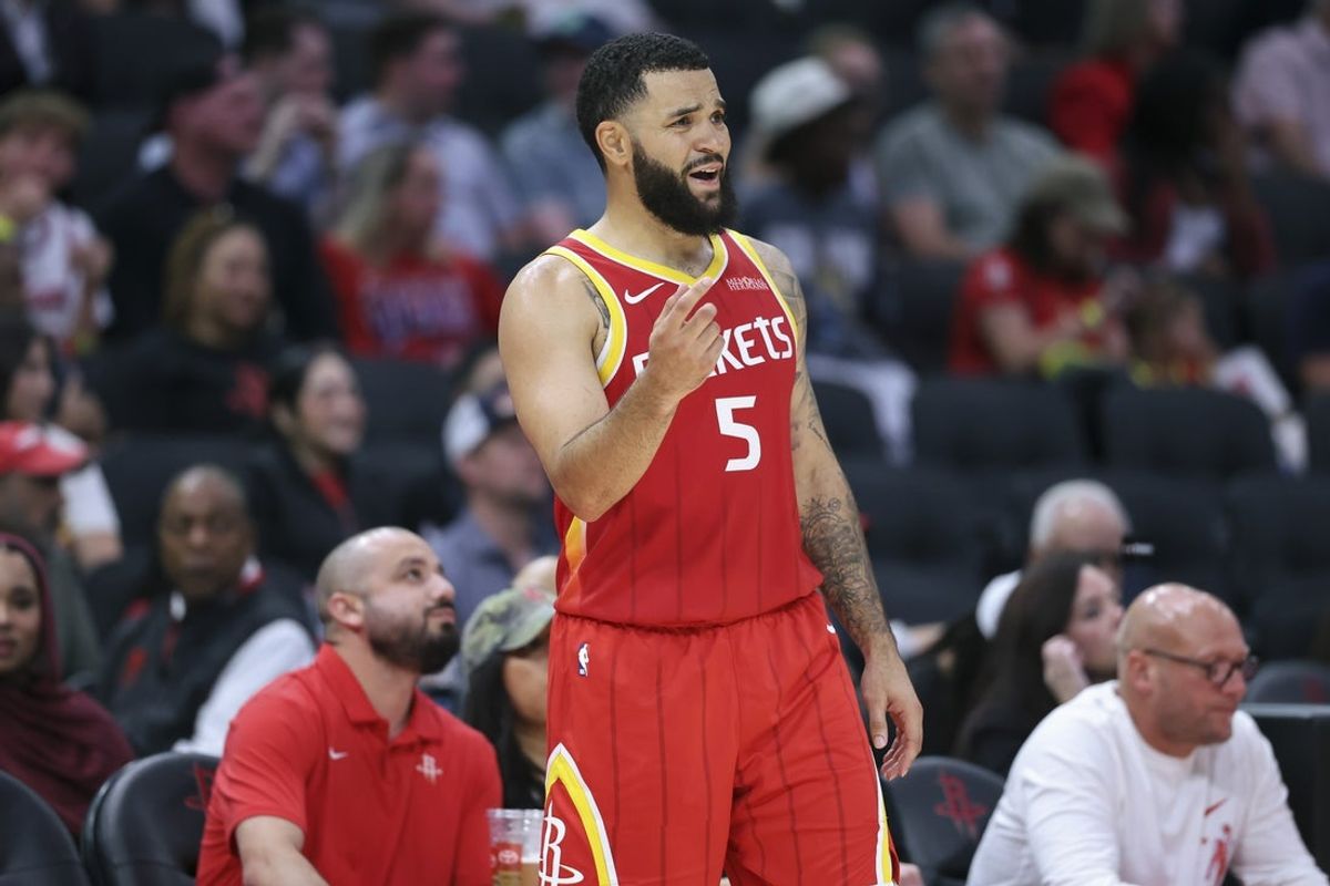 Oct 15, 2026; Houston, Texas, USA; Houston Rockets guard Fred Vanvleet (5) reacts after a play during the game against the Oklahoma City Thunder at Toyota Center. Mandatory Credit: Troy Taormina-Imagn Images