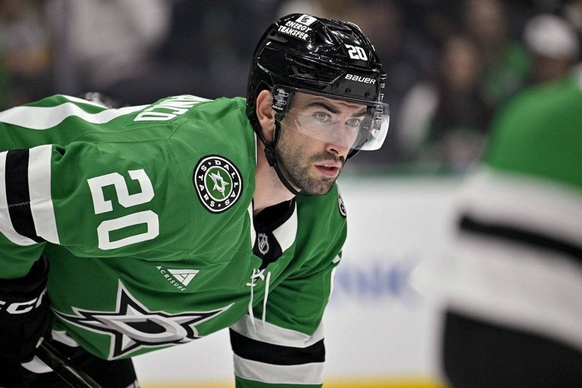 Oct 13, 2026; Dallas, Texas, USA; Dallas Stars defenseman Kyle Capobianco (20) looks on during the game between the Stars and the Avalanche at American Airlines Center. Mandatory Credit: Jerome Miron-Imagn Images
