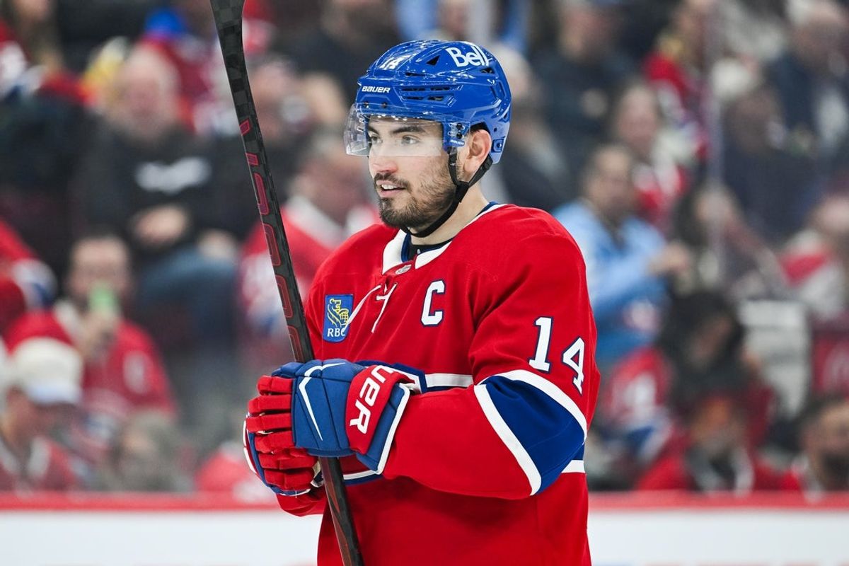 Oct 13, 2026; Montreal, Quebec, CAN; Montreal Canadiens center Nick Suzuki (14) looks on against the Buffalo Sabres during the second period at Bell Centre. Mandatory Credit: David Kirouac-Imagn Images