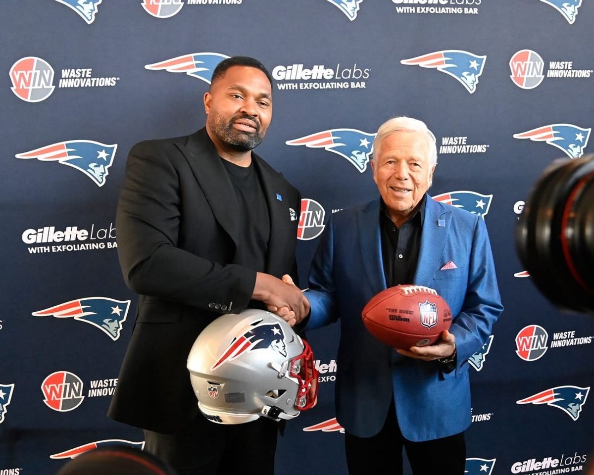 Jan 17, 2024; Foxborough, MA, USA; New England Patriots head coach Jerod Mayo (L) and owner Robert Kraft pose for photos after a press conference announcing Mayo's hiring as the team's head coach at Gillette Stadium.