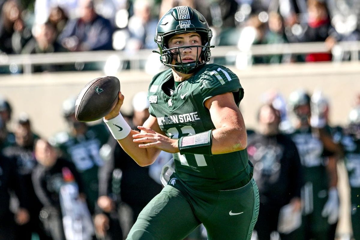 Michigan State’s Alessio Milivojevic looks to throw against Northwestern during the first quarter on Saturday, Oct. 17, 2026, at Spartan Stadium in East Lansing.
