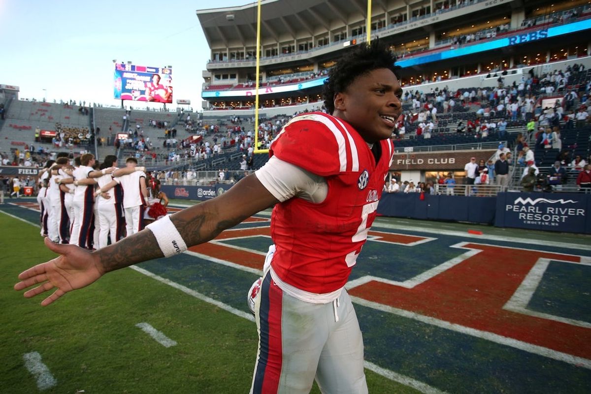 Mississippi Rebels running back Kewan Lacy celebrates after the game against the Missouri Tigers at Vaught-Hemingway Stadium.