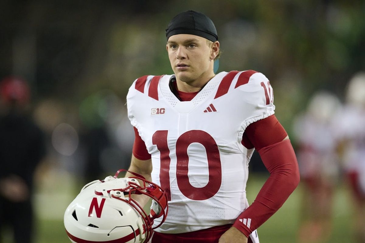 Oct 17, 2026; Eugene, Oregon, USA; Nebraska Cornhuskers quarterback Anthony Colandrea (10)   warms up before a game against the Oregon Ducks at Autzen Stadium. Mandatory Credit: Troy Wayrynen-Imagn Images