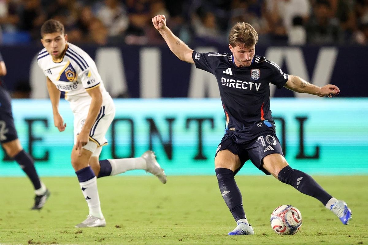 Oct 17, 2026; Carson, California, USA;  San Diego FC midfielder Anders Dreyer (10) kicks the ball during the second half against the LA Galaxy at Dignity Health Sports Park. Mandatory Credit: Kiyoshi Mio-Imagn Images