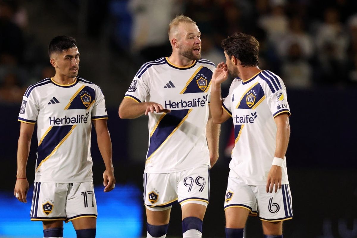 Oct 17, 2026; Carson, California, USA;  LA Galaxy forward Joao Klauss (99) talks with midfielder Sergi Roberto (6) during the first half against San Diego FC at Dignity Health Sports Park. Mandatory Credit: Kiyoshi Mio-Imagn Images