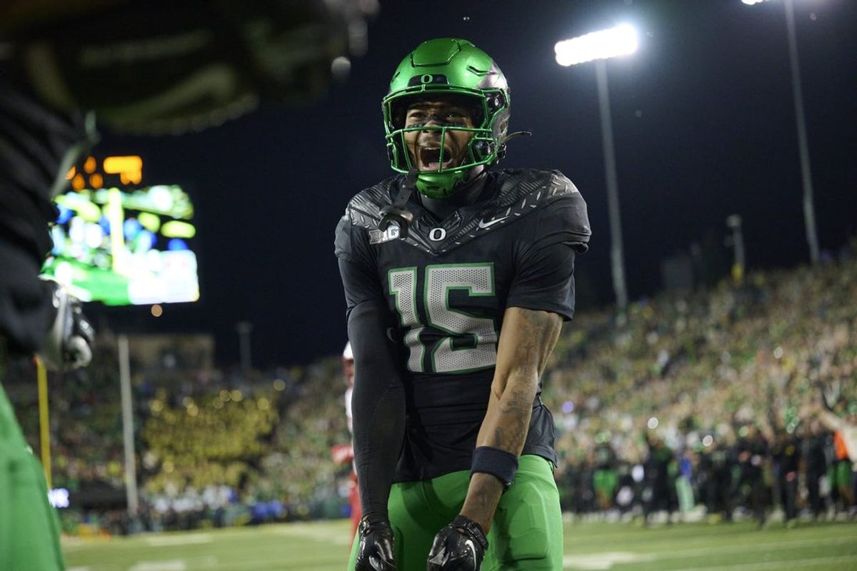 Oct 17, 2026; Eugene, Oregon, USA; Oregon Ducks wide receiver Messiah Hampton (15) celebrates a touchdown during the second half against the Nebraska Cornhuskers at Autzen Stadium. Mandatory Credit: Troy Wayrynen-Imagn Images