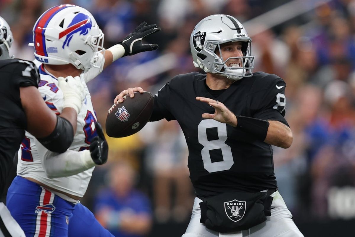 Oct 18, 2026; Paradise, Nevada, USA;  Las Vegas Raiders quarterback Kirk Cousins (8) throws the ball in the third quarter against the Buffalo Bills at Allegiant Stadium.  Mandatory Credit: David Brytus-Imagn Images