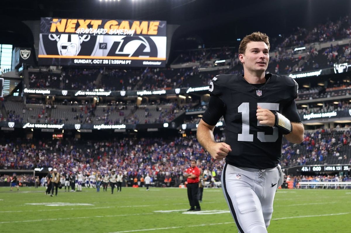 Oct 18, 2026; Paradise, Nevada, USA;  Las Vegas Raiders quarterback Fernando Mendoza (15) exits the field after the game against the Buffalo Bills at Allegiant Stadium.  Mandatory Credit: David Brytus-Imagn Images