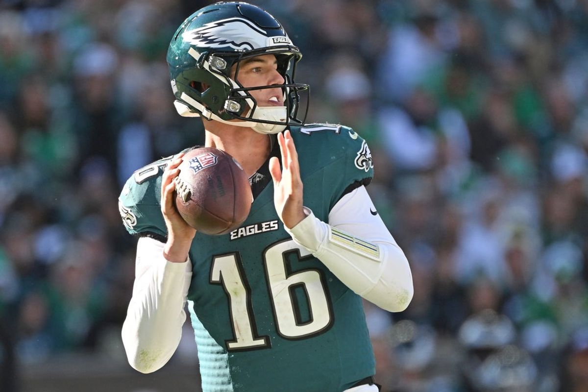 Philadelphia Eagles quarterback Tanner McKee (16) looks for a receiver against the Carolina Panthers at Lincoln Financial Field.