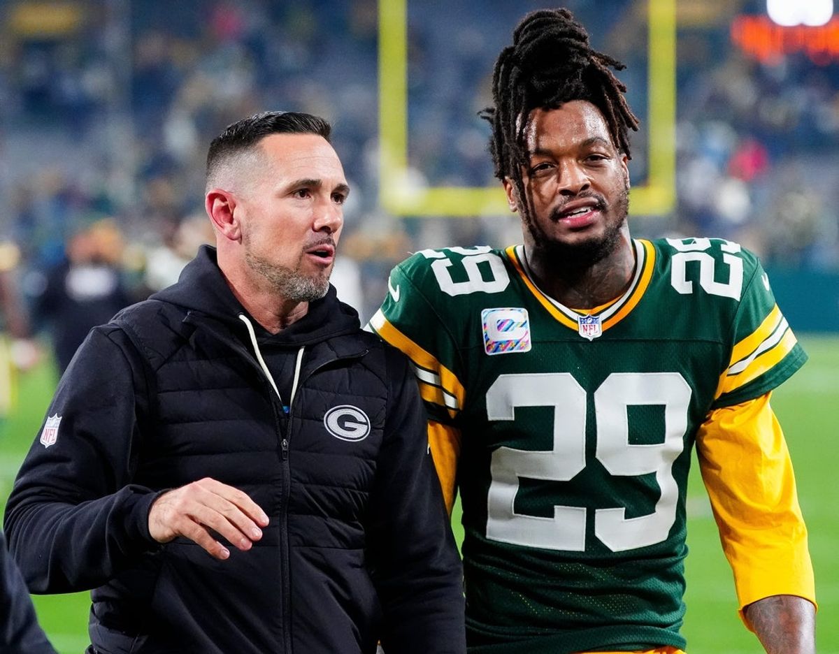 Green Bay Packers head coach Matt LaFleur and safety Xavier McKinney (29) walk off the field after defeating the Dallas Cowboys on Sunday, Oct. 18, 2026, at Lambeau Field in Green Bay, Wisconsin. The Packers won the game, 23-13.
Tork Mason/Green Bay Press-Gazette