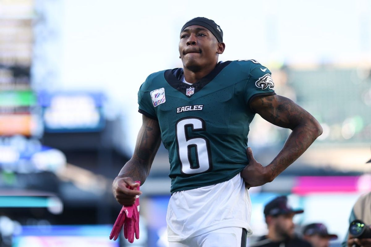 Oct 18, 2026; Philadelphia, Pennsylvania, USA; Philadelphia Eagles wide receiver DeVonta Smith (6) walks off the field after a loss against the Carolina Panthers at Lincoln Financial Field. Mandatory Credit: Bill Streicher-Imagn Images