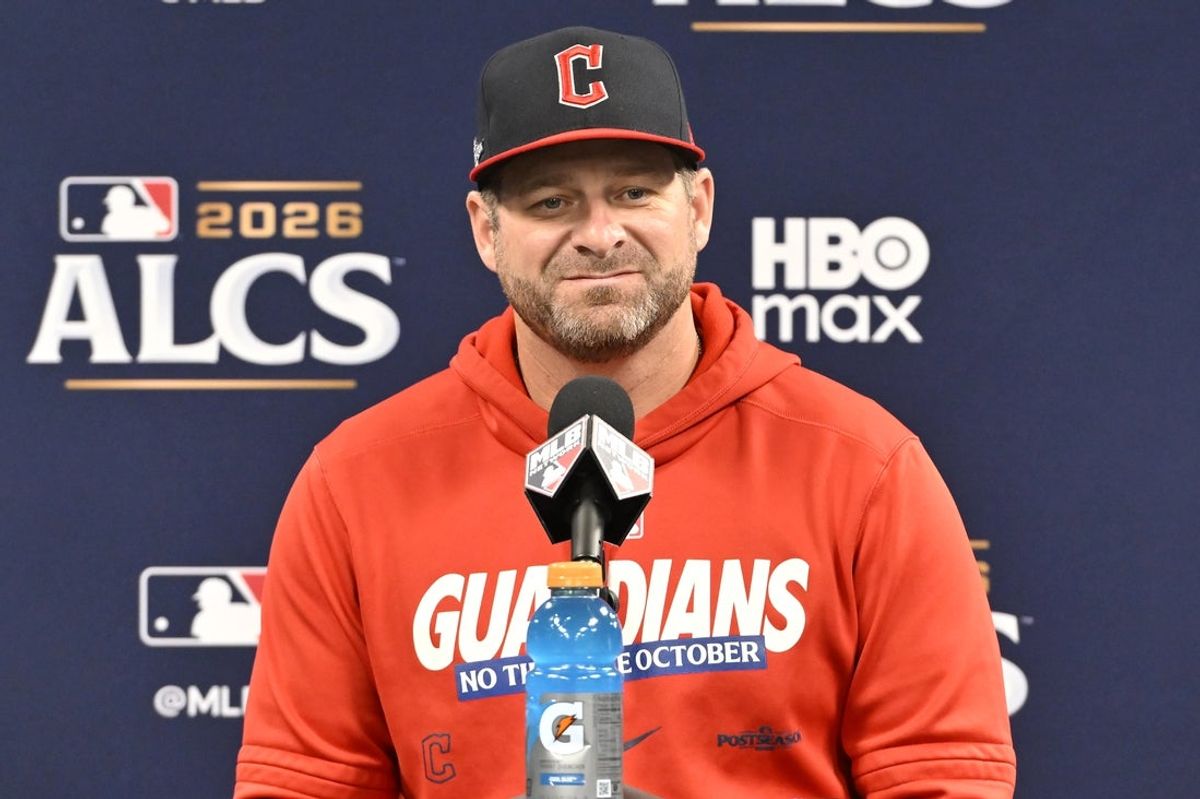 Oct 19, 2026; St. Petersburg, Florida, USA;  Cleveland Guardians manager Stephen Vogt speaks to the media before the game six of the ALCS for the 2026 MLB Playoffs at Tropicana Field.  Mandatory Credit: Pablo Robles-Imagn Images