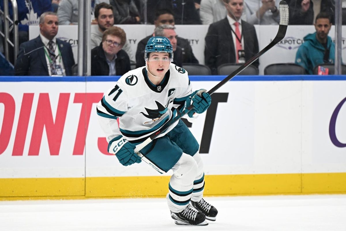 Oct 19, 2026; Toronto, Ontario, CAN;  San Jose Sharks forward Macklin Celebrini (71) pursues the play against the Toronto Maple Leafs in the third period at Scotiabank Arena.  Mandatory Credit: Dan Hamilton-Imagn Images