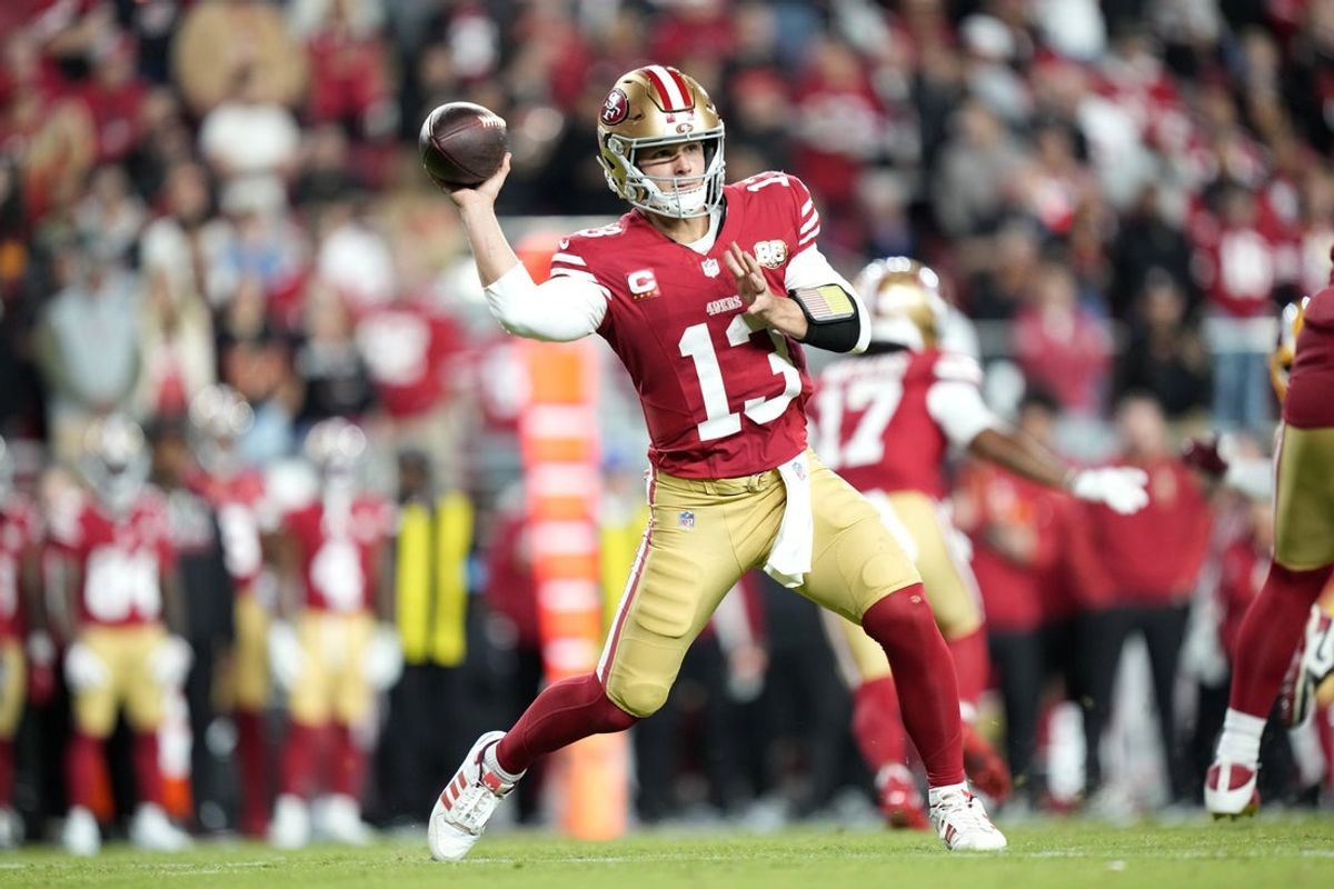 Oct 19, 2026; Santa Clara, California, USA;  San Francisco 49ers quarterback Brock Purdy (13) throws a pass during the fourth quarter against the Washington Commanders at Levi's Stadium.  Mandatory Credit: Kyle Terada-Imagn Images