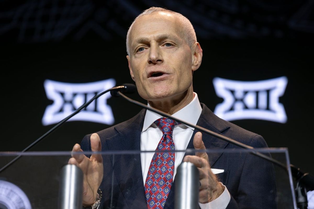 Oct 20, 2026; Kansas City, MO, USA;  Big 12 commissioner Brett Yormark speaks during the Big 12 Media Days event at T-Mobile Center.  Mandatory Credit: William Purnell-Imagn Images