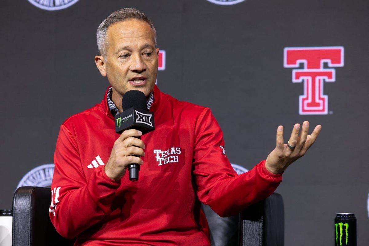Texas Tech coach Grant Mccasland interviewed during the Big 12 Media Days event at T-Mobile Center.