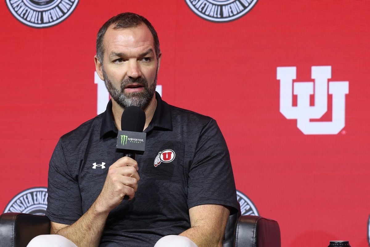 Oct 20, 2026; Kansas City, MO, USA;  Utah coach Alex Jensen interviews during the Big 12 Media Days event at T-Mobile Center.  Mandatory Credit: William Purnell-Imagn Images