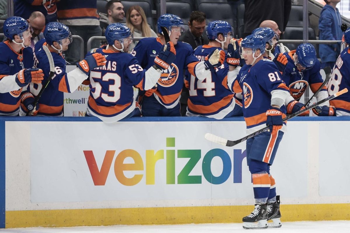 Oct 20, 2026; Elmont, New York, USA;  New York Islanders left wing Ondrej Palat (81) celebrates with his teammates after scoring a goal in the first period against the Anaheim Ducks at UBS Arena. Mandatory Credit: Wendell Cruz-Imagn Images