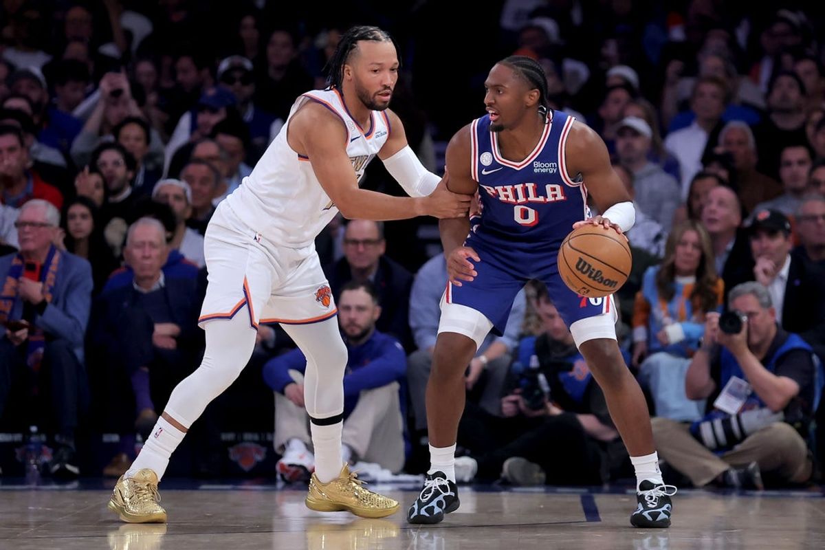 Oct 20, 2026; New York, New York, USA; Philadelphia 76ers guard Tyrese Maxey (0) controls the ball against New York Knicks guard Jalen Brunson (11) during the first quarter at Madison Square Garden. Mandatory Credit: Brad Penner-Imagn Images