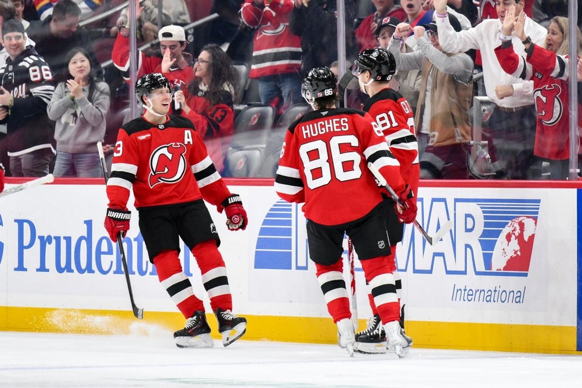 Oct 20, 2026; Newark, New Jersey, USA;  New Jersey Devils right wing Arseny Gritsyuk (81) celebrates with teammates after scoring a goal against the Colorado Avalanche during the third period at Prudential Center.  Mandatory Credit: John Jones-Imagn Images