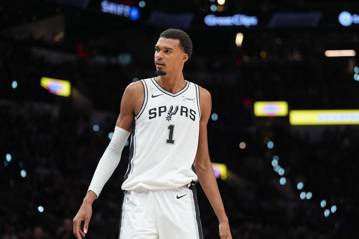 Oct 20, 2026; San Antonio, Texas, USA;  San Antonio Spurs forward Victor Wembanyama (1) looks over in the first half against the Oklahoma City Thunder at Frost Bank Center.  Mandatory Credit: Daniel Dunn-Imagn Images