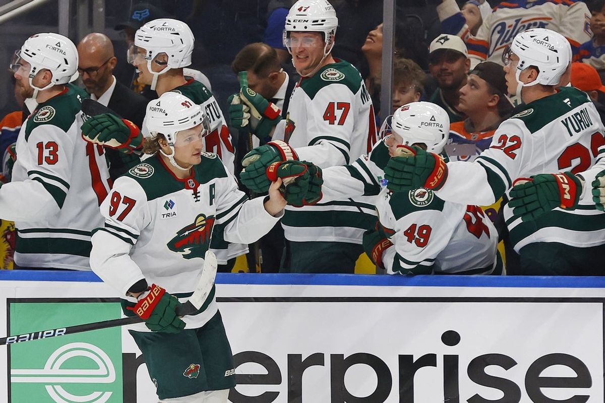 Oct 20, 2026; Edmonton, Alberta, CAN;  The Minnesota Wild celebrate a goal scored by forward Kirill Kaprizov (97) during the third period against the Edmonton Oilers  at Rogers Place.  Mandatory Credit: Perry Nelson-Imagn Images