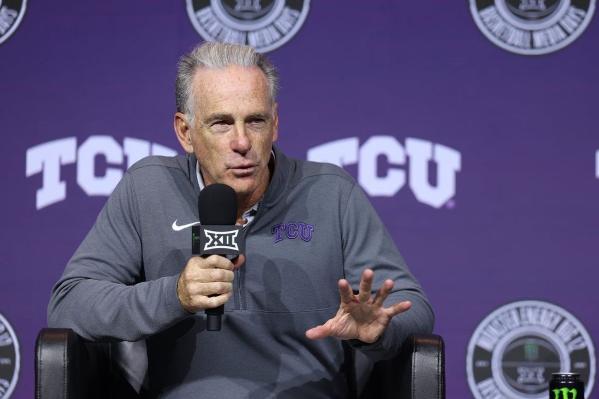 Oct 21, 2026; Kansas City, MO, USA;  TCU coach Jamie Dixon is interviewed during the big 12 Media Days at T-Mobile Center.  Mandatory Credit: William Purnell-Imagn Images
